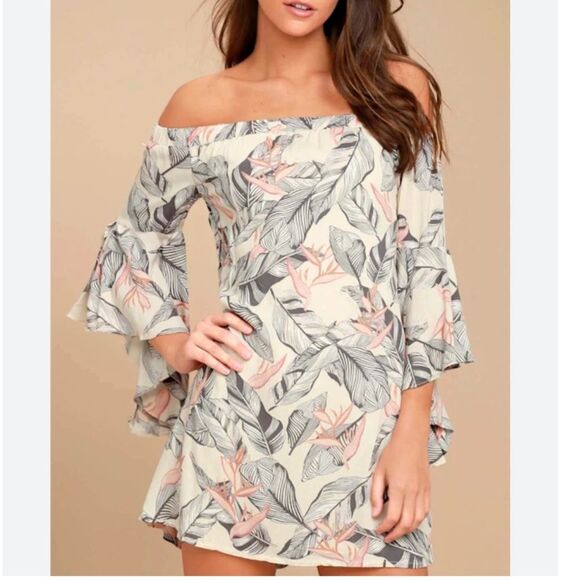 Lulus Sun Drenched Daydream Beige Floral Print Off the Shoulder Dress - Picture 3 of 14